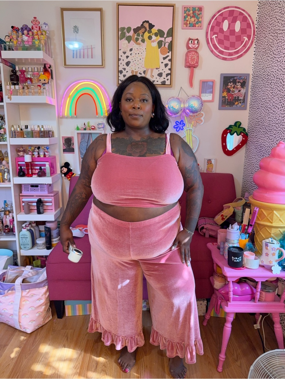 Velvet Ruffle Hem Wide Leg Pants - Pink